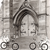 Wedding invitation showing the door of the wedding venue and the couple's bicycles